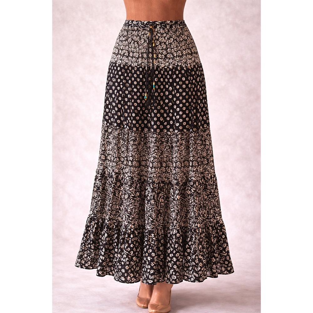 Chaudry KC Y2K Boho Maxi Skirt 2X Black White Rayon Deadstock India Festival